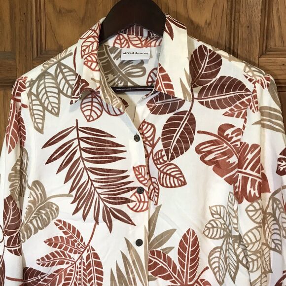 Alfred Dunner Women's 10 Cream Tan & Rust Sheer Blouse 3/4 Sleeve Button-Up Top - Picture 2 of 9